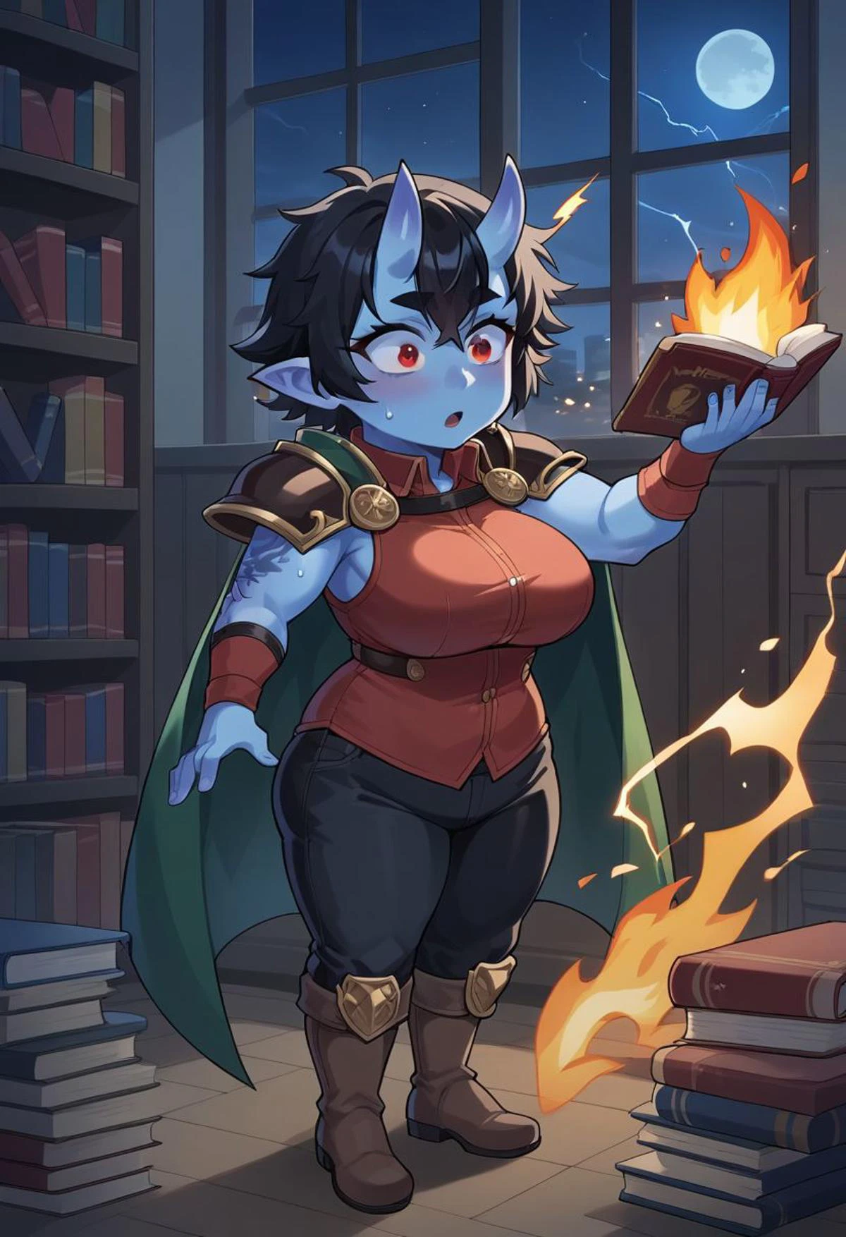 score_9, score_8_up, score_7_up, indoors, library, bookshelf, window, night, moon BREAK 1girl, oni, horns, (blue skin:1.4), black hair, short hair, messy hair, (shortstack:1.3), red bodysuit, sleeveless, emblem, badge, shoulder armor, shoulder tattoo, red eyes, plump, large breasts, thighs, pants, brown boots, wrist guards, green cape BREAK standing, holding book in left hand, right arm up, (casting spell, electricity, lightning), surprised, worried, mouth open, sweat BREAK fire, burning, (books burning, destruction), [from side]