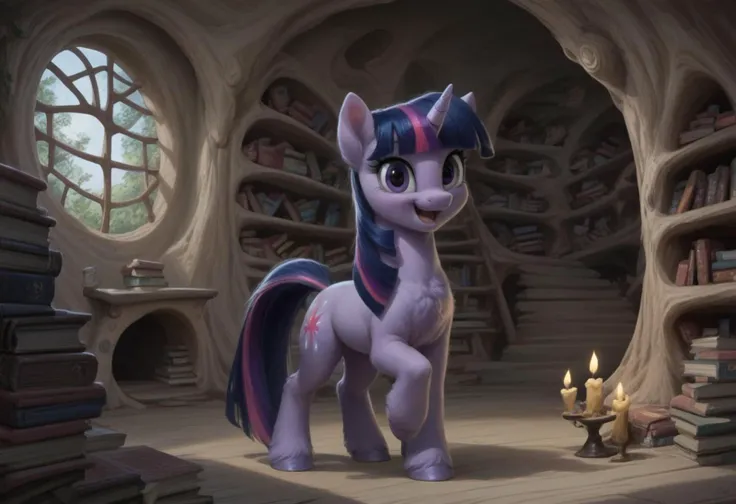 score9, score8up, score7up, score6up, score5up, score4up, Twilight Sparkle, Pony, Horn, Mare, solo, feral, Indoors, Golden Oaks Library interior, Library, Standing Close, looking at you, ((fluffy)), Happy, excited, detailed background, Spreading,
Bright Candle Light, hyper-realistic light and shadow.