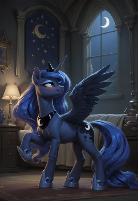 score9, score8up, score7up, score6up, score5up, score4up,Princess Luna, alicorn, mare, solo, feral, bedroom eyes, wings, anatomically correct, [striped black and blue socks,], stockings, Canterlot Castle,Princess Luna's Bedroom, indoors, at night, ((fluffy)), smiling, blushing, detailed background, bright lamp light, bright light, hyper-realistic light and shadow _up, side view, solo, solo female, blushing, crescent moon in the sky, Princess Luna looks up towards the moon with a soft smile, her two front hooves resting on the window sill,