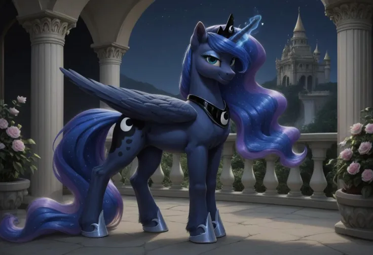 score9, score8up, score7up, score6up, score5up, score4up, Princess Luna, Pony, Mare, Alicorn, Wings, Horn, solo, feral, Outdoors, Palace Balcony, Magic, looking at you, ((fluffy)), Loving smile, Motherly, Maternal, detailed background, Night, hyper-realistic light and shadow, Standing.