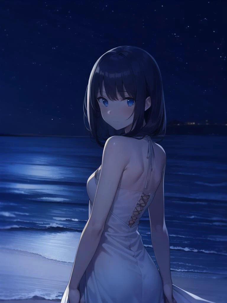 1girl,face close-up,white dress,night,looking back, sea,beach,    <lora:night-r:1>