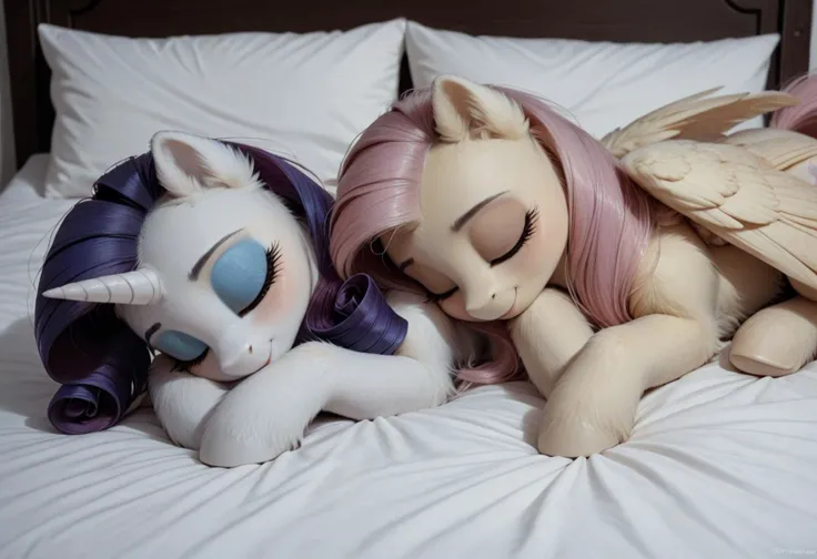 score_9, score_8_up, score_7_up, score_6_up, score_5_up, score_4_up, my little pony, ((feral pony)), intricate details, high resolution, ultra realistic textures, soft lighting, best quality rendering, Highly detailed and realistic macro artwork, irl, feral pony, pony, mare, female pony, feral, detailed, short, blushing, detailed, cute, cute face, very cute, wide hips, big hips, thick tights, lanky, fluffy, fur, short body, fluffy, fluffy chest, small, short, petite build, small, long legs, close eyes, sleeping, (rarity, unicorn), bed, lying down, realistic, (fluttershy, pegasus, wings), low light, dark theme, night, snuggling, same size, duo,