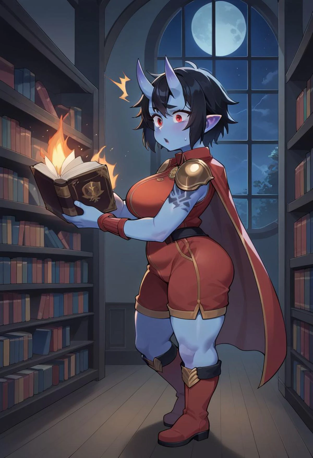 score_9, score_8_up, score_7_up, indoors, library, bookshelf, window, night, moon BREAK 1girl, oni, horns, (blue skin:1.4), black hair, short hair, messy hair, (shortstack:1.3), red jumpsuit, sleeveless, emblem, badge, shoulder armor, shoulder tattoo, red eyes, plump, large breasts, thighs, boots, wrist guards, cape BREAK holding book in left hand, right arm up, casting spell, lightning, casting lightning spell with lighting effects, surprised, worried, mouth open, sweat, books burning, fire, [from side]