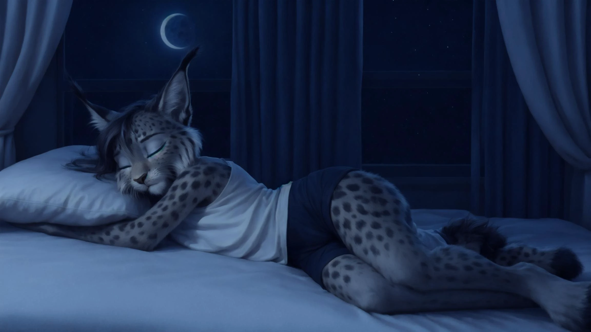 (Professional photo, photo filter, real photo, Low-light photography, super realistic:1.2), ((night, Moonlit, Nighttime glow, Moonlight, Lunar illumination, dark illumination, low-key lighting, dimly lit, Indirect light, Ambient light, Soft lighting, Scattered illumination)), (by qupostuv35:0.8), (by siroc:0.8), 1girl, solo, [(thin:1.1) : small petite : (lynx:1.2):4], fur tufts, fur patterns, (sleeping), (laying) on bed, (laying on side), long tshirt, baggy sport shorts, (not looking at viewer), pillows, (bedroom), window, curtains, lush eyelashes, tail, sfw, (more details, detailed background:1.1), (Detailed face, detailed hair, detailed fur, detailed whiskers), <lora:night-r:1>