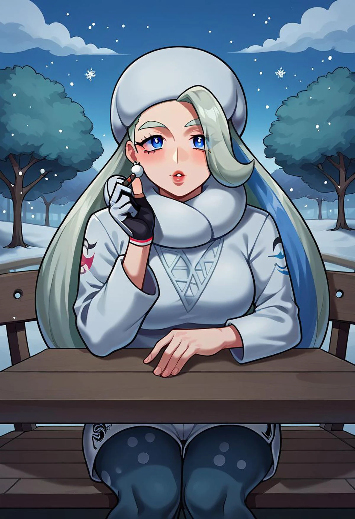 score_9, score_8_up, score_7_up, outdoors, chair, porch, tree, table, cloudy sky, (snowing) BREAK 1girl, pokemonmelony, blue eyes, eyelashes, long hair, multicolored hair, streaked hair, grey hair, earrings, gloves, hat, jewelry, long sleeves, pantyhose, pantyhose under shorts, scarf, shorts, single glove, snowflakes, sweater, white headwear, white scarf, white sweater BREAK sitting, (smoking, blunt, marijuana, bloodshot eyes, [red sclera], stoned, giggling)