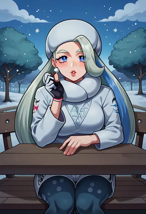 score_9, score_8_up, score_7_up, outdoors, chair, porch, tree, table, cloudy sky, (snowing) BREAK 1girl, pokemonmelony, blue eyes, eyelashes, long hair, multicolored hair, streaked hair, grey hair, earrings, gloves, hat, jewelry, long sleeves, pantyhose, pantyhose under shorts, scarf, shorts, single glove, snowflakes, sweater, white headwear, white scarf, white sweater BREAK sitting, (smoking, blunt, marijuana, bloodshot eyes, [red sclera], stoned, giggling)