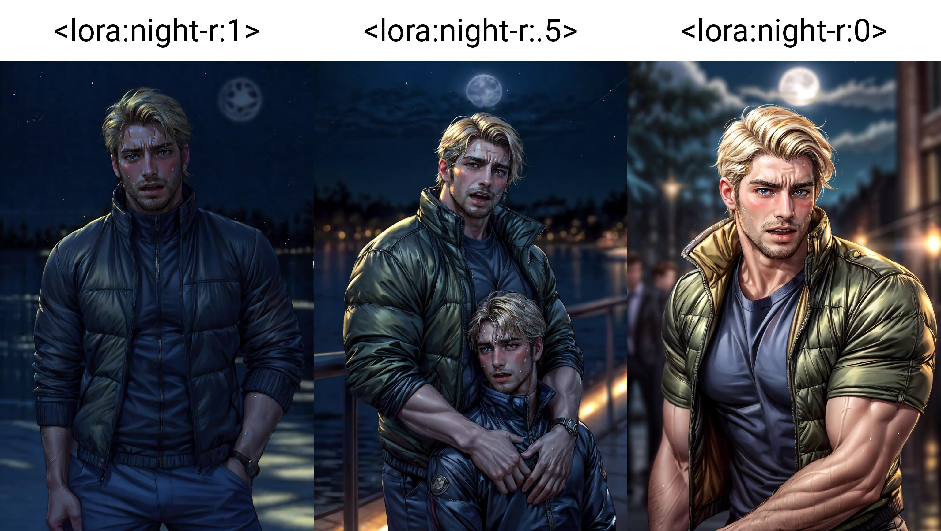 <lora:night-r:1>, (night),
(looking at viewer, blush, open mouth, heavy breathing, sweat, sweating),((landscape with Radial Balance, light blonde low-fade, olive green eyes, envious, puffer jacket, moon))(homoerotic), masterpiece, highly detailed face and skin, hyperrealistic, male only, bara, mature, stubble, muscular male, handsome, male focus, light particles, real light and shadow<lora:style_adddetail:.7> <lora:style_deluster2:-.4><lora:style_hotarublurbk_v100:1>