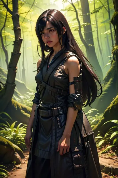 1girl, star wars jedy with lightsaber, dark eyes, prepare to war, prepare to die, danger lurking, determination, dark theme, long straight black hair, standing, in a forest, dark night, mist, brave, highly detailed, (sfw:1.4), vivid tones, extreme detail, strong willed, angry, bokeh, negative_hand, lora:oil2.0_2-512-64:0.7> JuggernautNegative