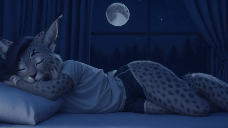 (Professional photo, photo filter, real photo, Low-light photography, super realistic:1.2), 8k, sharp focus,  ((night, Moonlit, Nighttime glow, Moonlight, dark illumination, low-key lighting, dimly lit, Indirect light, Ambient light, Soft lighting, Scattered illumination, moon)), (by qupostuv35:0.8), (by siroc:0.8), 1girl, solo, [(thin:1.1) : small ite : (lynx:1.2):4], fur tufts, fur patterns, (sleeping), (laying) on bed, (laying on side), long tshirt, baggy sport shorts, (not looking at viewer), pillows, (bedroom), window, curtains, lush eyelashes, tail, sfw, (more details, detailed background:1.1), (Detailed face, detailed hair, detailed fur, detailed whiskers), <lora:night-r:1>, side-swept hair,