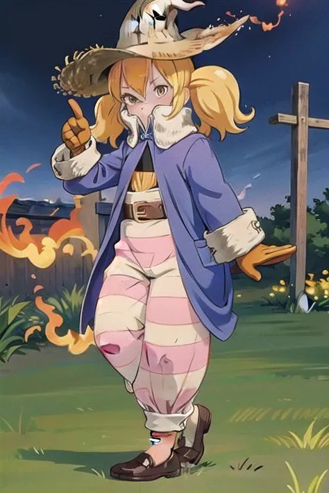 anime screencap, masterpiece, nice hands, best quality, 1girl, penny, solo, blonde hair, twintails, blunt bangs, flat chest, BlackMageFFT, yellow eyes, witch hat, hat, covered mouth, blue coat, black shirt, belt, striped pants, red striped pants, gloves, shoes, grass, field, outdoors, pointing, night, (pyrokinesis:1.5)