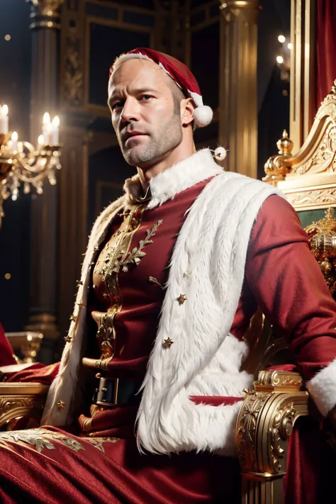 cinematic still of Jason Statham as an action hero Santa Clause, wearing a Santa costume (with Mistletoe), sitting on a golden throne, with reindeers abandoned throne room, gift box and stained floor, highly details, best quality, masterpiece, detailed face, 8k, hdr, hyper resolution, cinematic lighting, christmas theme
<lora:gold-engraving-style-darquelilly-v1:1> goldengravingstyle, engraved,