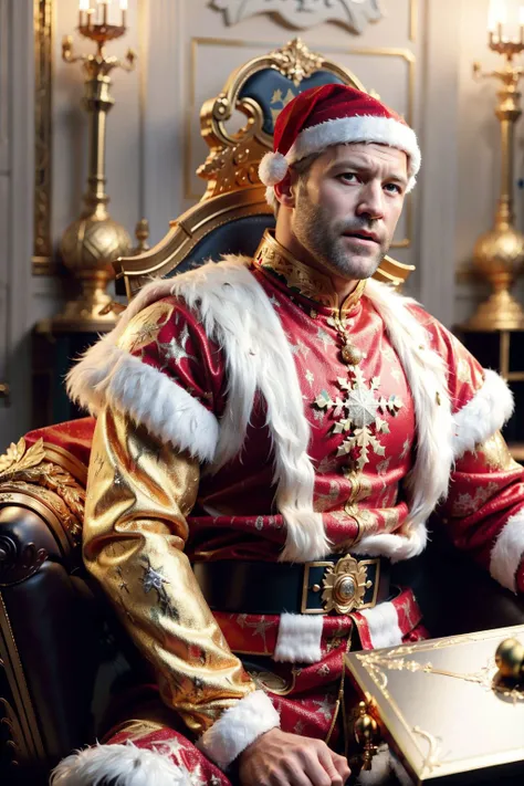 cinematic still of Jason Statham as an action hero Santa Clause, wearing a Santa costume (with Mistletoe), sitting on a golden throne, with reindeers abandoned throne room, gift box and stained floor, highly details, best quality, masterpiece, detailed face, 8k, hdr, hyper resolution, cinematic lighting, christmas theme
<lora:gold-engraving-style-darquelilly-v1:1> goldengravingstyle, engraved,