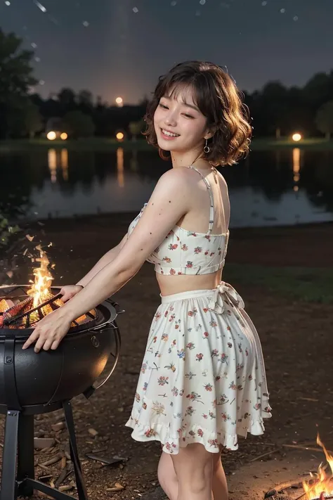 (masterpiece, best quality, high resolution:1.2),detailed face,detailed eyes,detailed skin,extremely detailed,intricate details,crop top,small waist,beautiful face,perfect illumination,(( campfire,night time, lake)),(eyes closed,big laugh:1.4),leaning forward,
BREAK (night time:1.3),film still,stunning,bangs,tall image,color hair,tender look,(free angle shot),(floating hair:1.2),(large breasts:1.2),fashion model,sundress,(red|white|red_floral print),(red dress:1.1),<lora:Michelelvz:0.7>,miaalvescz,<lora:curly_hair_slider_v1:3>,happy,playful,(dancing:1.3),(camping chair),(campfire),epiCRealism,(grin:1.1),hard shadows,dark,darkness,low key,dimly lit,two-tone,rim lighting,((starry night:1.1)),<lora:epiNoiseoffset_v2-pynoise:2>,(preparing food:1.3),(BBQ),