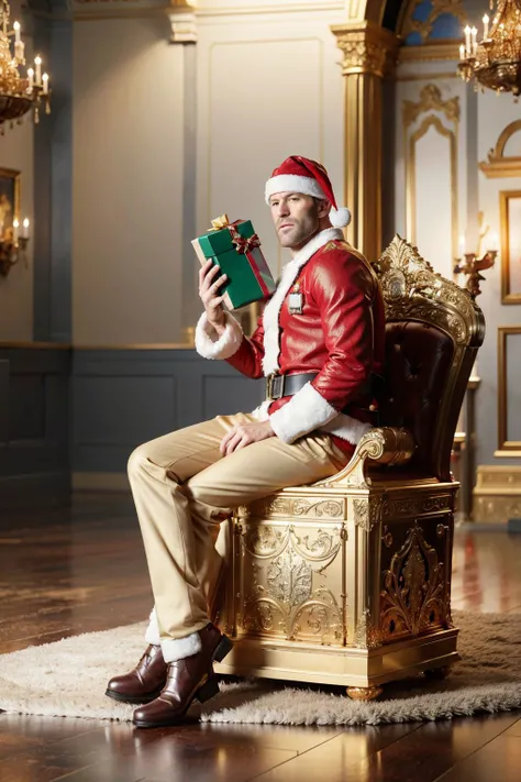 cinematic still of Jason Statham as an action hero Santa Clause, wearing a Santa costume (with Mistletoe), sitting on a golden throne, with reindeers abandoned throne room, gift box and stained floor, highly details, best quality, masterpiece, detailed face, 8k, hdr, hyper resolution, cinematic lighting, christmas theme
<lora:gold-engraving-style-darquelilly-v1:1> goldengravingstyle, engraved,