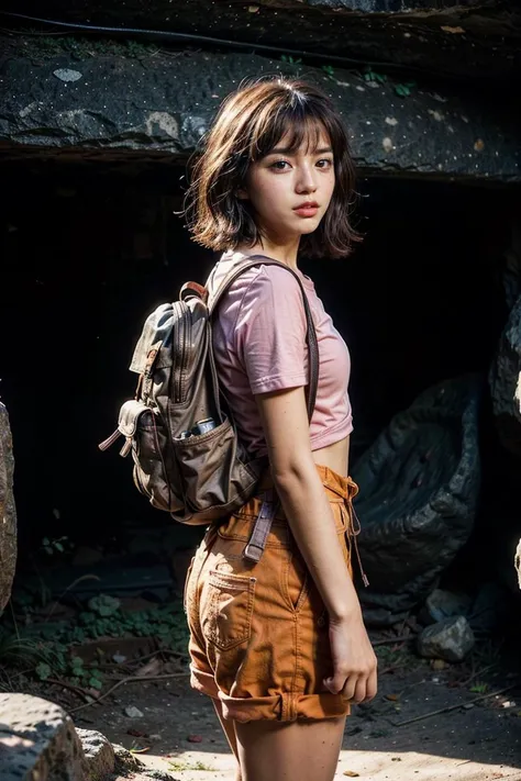 ((cowboy shot:1.5, small torso, small body, waist, thighs:1.2, legs)), 1girl, solo, beautiful, (masterpiece), best quality, (extremely detailed face), extremely detailed eyes, perfect lighting, OverallDetail, detailed, textured skin, <lora:goodhandsBetaGtonero2:0.6>, good hands, <lora:adddetails:1>, <lora:more_details:1>, <lora:detail_slider_v4:1>
--------------------------------------------
<lora:isabelmoner_lycoris_01:0.8>, isabelmoner-smf, dora, shirt, solo, orange shorts, backpack, pink shirt, bag, brown hair, short sleeves, blurry, blurry background, holding a map, realistic, standing, cowboy shot, short hair, brown eyes, bangs, closed mouth, looking at viewer, cavern, cinematic light, inside cavern
--------------------------------------------
((standing in cave, alone)), dynamic pose, simple background , alone, front view, photo, photograph, eyes on viewer, pov