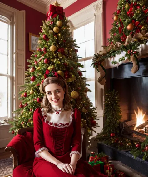RAW, 50mm f 1.2, full body photograph or gorgeous fit, thin  n4t4l14d, face ,   wearing a red Victorian dress posing in front of ((Christmas tree)) in large Victorian Room, fireplace, eye contact, flirty smile, hyperdetailed 
<lora:n4t4l14d:1>