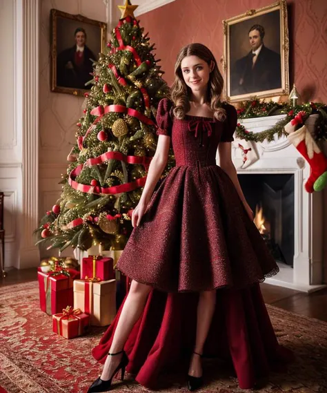 RAW, 50mm f 1.2, full body photograph or gorgeous fit, thin  n4t4l14d, face ,   wearing a red Victorian dress posing in front of ((Christmas tree)) in large Victorian Room, fireplace, eye contact, flirty smile, hyperdetailed 
<lora:n4t4l14d:1>