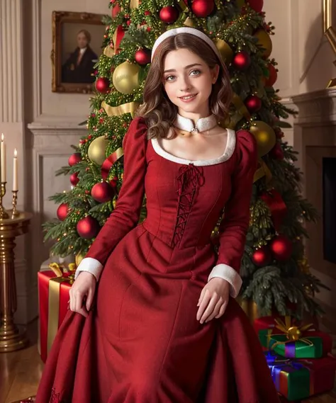 RAW, 50mm f 1.2, full body photograph or gorgeous fit, thin  n4t4l14d, face ,   wearing a red Victorian dress posing in front of ((Christmas tree)) in large Victorian Room, fireplace, eye contact, flirty smile, hyperdetailed 
<lora:n4t4l14d:1>