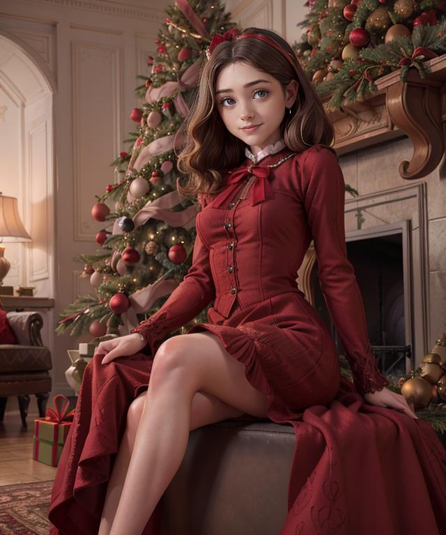 A close up of a woman in a red dress sitting on a couch - SeaArt AI