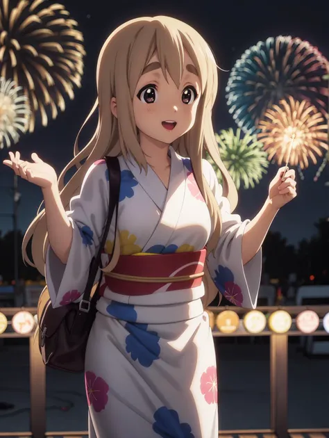 (best quality), highres, <lora:KonF:0.8> tsumugi_kotobuki, solo, yukata, night market, fireworks, happy