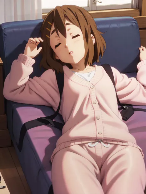 (best quality), highres, <lora:KonF:1> yui_hirasawa, solo, lying on back, couch, sleepwear, closed eyes,