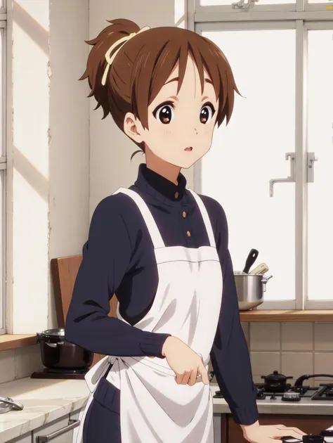 (best quality), highres, <lora:KonF:0.9> ui_hirasawa, solo, kitchen, small ponytail,