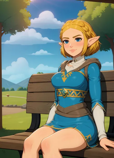 (best quality), zelda\(princess\), 1girl, solo, short hair, <lora:zelda_shorthair_v5:0.6> <lora:(Afrobull):1.2>, closed mouth smile, park, bench, sitting, large breasts, skirt