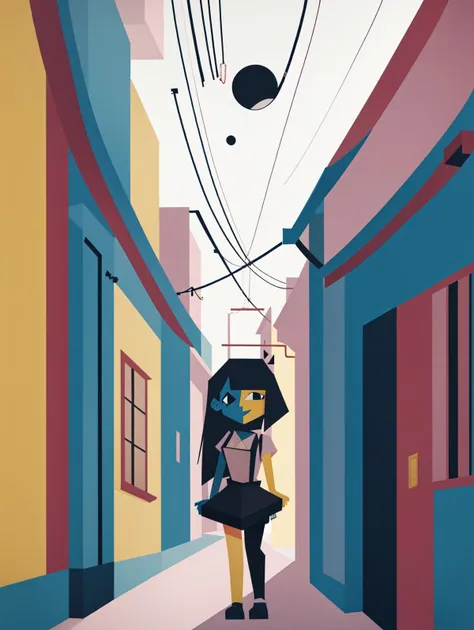 (best quality), highres, illustration, <lora:Ena:1> ena, black eyes, high contrast, flat colors, bright, alleyway, portrait,