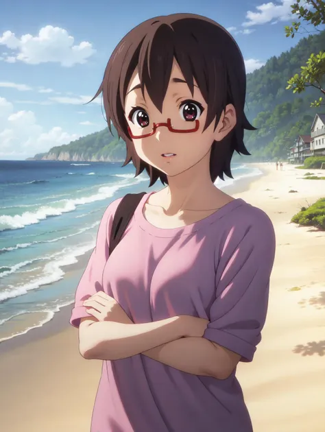 (best quality), highres, <lora:KonF:0.9> nodoka_manabe, solo, beach, casual