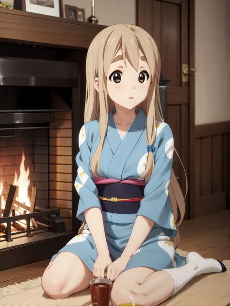 (best quality), highres, <lora:KonF:0.8> tsumugi_kotobuki, solo, yukata, wariza, fireplace, cozy, warm colors, log cabin