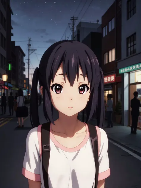 (best quality), highres, <lora:KonF:0.8> azusa_nakano, city, solo, neon, night, dark