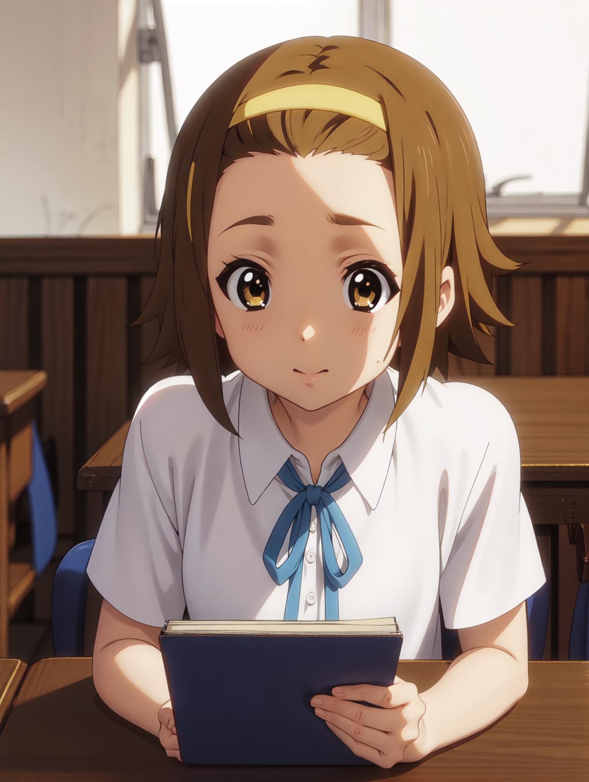 Anime girl sitting at a table with a tablet in front of her - SeaArt AI