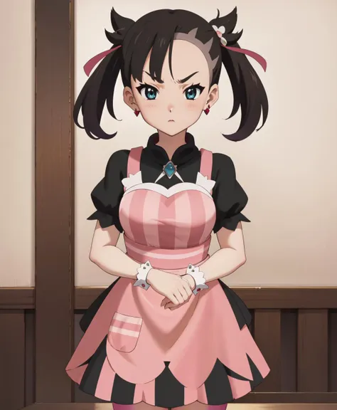 (best quality), highres, <lora:add_detail:-0.7>, <lora:KonF:0.8>,blush, looking at viewer, <lora:marnie_v1:0.9>, hmmarnie, aqua eyes, hair ornament, earrings, jewelry, vertical-striped dress, black apron, short sleeves, wrist cuffs, black thighhighs, angry