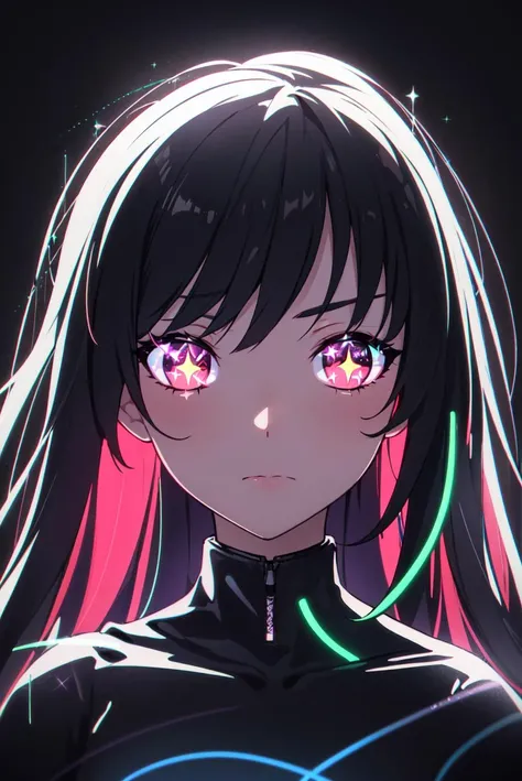 perfect blender 3d render, crossed out with neon strokes, crumbles into sparkles, red neon lines in darkness, a cute girl, dissolves, disappears, glowing neon eyes, dark black with neon sparkles background, neon sad emoji, high detailed, volumetric lighting, volumetric shadows, raytracing, circular cutout, (photorealistic:1.1)