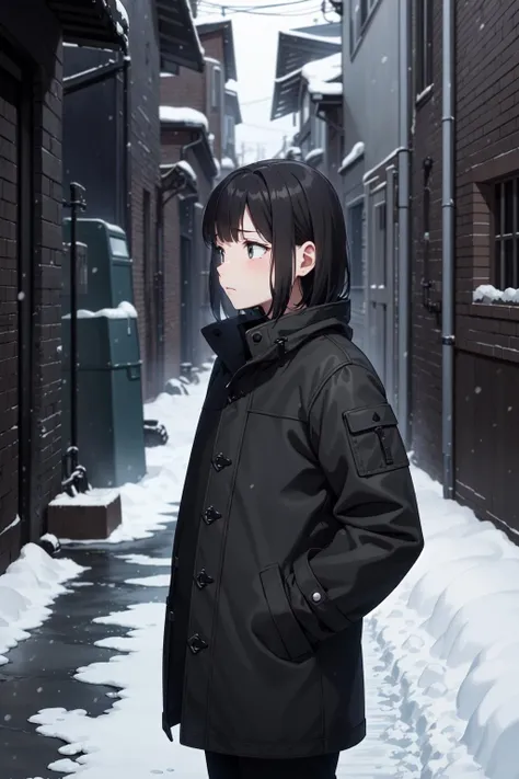 (masterpiece, high quality, dark night:1.3), a cute girl, solo, (petite:1.2), upper body, sad, medium hair, simple coat, hands in pockets, empty dark alley, dirt around, garbage around, snow, epic realistic photo background, dark around, morbid, sadness, (steam of breath, cold:0.9), (tiny:1.2)