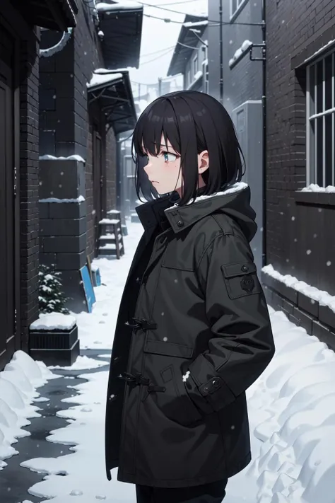 (masterpiece, high quality, dark night:1.3), a cute girl, solo, petite, upper body, sad, medium hair, coat, hands in pockets, empty dark alley, dirt around, garbage around, snow, epic realistic photo background, dark around, morbid, sadness, (steam of breath, cold:0.9)