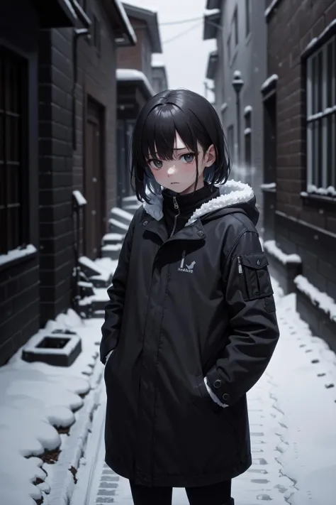 (masterpiece, high quality, dark night:1.3), a cute girl, solo, (petite:1.2), upper body, sad, medium hair, simple coat, hands in pockets, empty dark alley, dirt around, garbage around, snow, epic realistic photo background, dark around, morbid, sadness, (steam of breath, cold:0.9), (tiny:1.2)