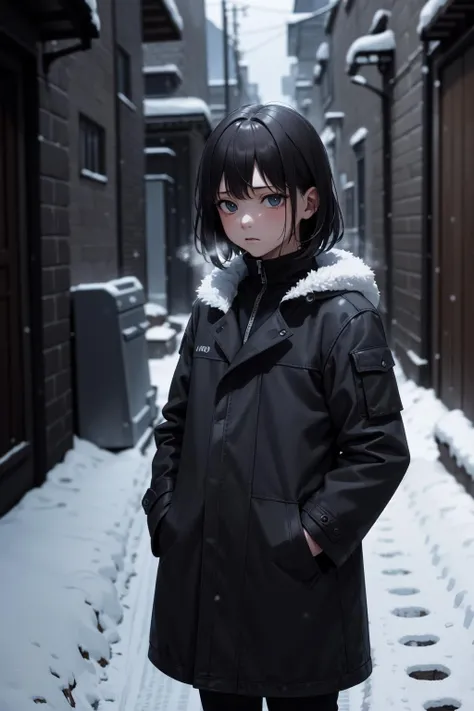 (masterpiece, high quality, dark night:1.3), a cute girl, solo, petite, upper body, sad, medium hair, coat, hands in pockets, empty dark alley, dirt around, garbage around, snow, epic realistic photo background, dark around, morbid, sadness, (steam of breath, cold:0.9)