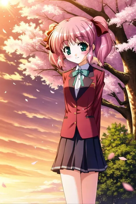 highres, high quality, 1girl, yoshikawa chinatsu, blush, smile, shuuchikan academy school uniform, pleated skirt, outdoors, tree, falling petals, cherry blossoms, evening, arm behind back