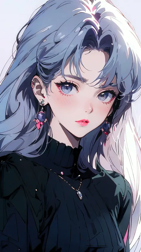90s,style of a 1990s anime,masterpiece,best quality,1girl,solo,long hair,(white hair:1.2),bangs,red lips,closed mouth,blush,jewelry,earrings,looking at viewer,upper body,close-up view,simple background,<lora:s_20230805204449:1>,<lora:æ³å
:0.5>,,