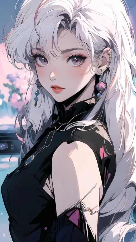 masterpiece,best quality,PIXIV,90s,style of a 1990s anime,1girl,solo,long hair,(white hair:1.5),bangs,red lips,closed mouth,blush,jewelry,earrings,looking at viewer,upper body,close-up view,simple background,<lora:s_20230805204449:1>,