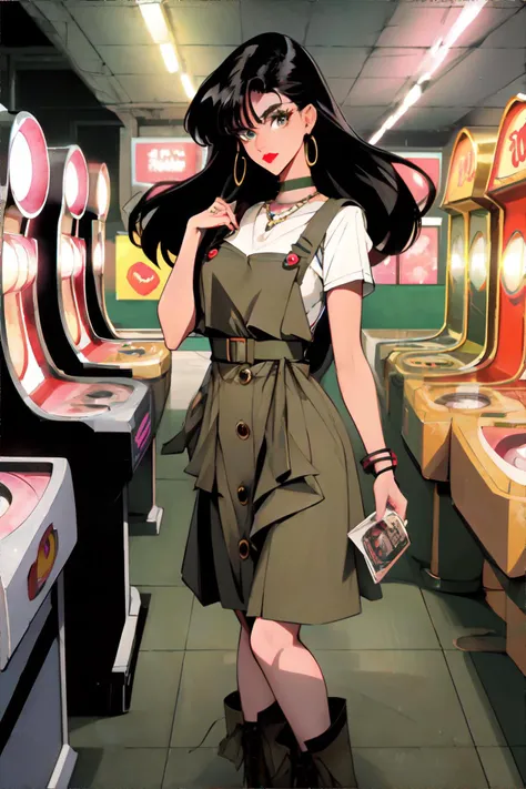 <lora:90sanime:0.8> woman with 1990s style straightened hair with center-part,, wearing 90s fashion: olive green cotton sheath button-front pinafore sundress layered over a beige turtleneck shirt, combat boots, choker necklace, dark lipstick, 90s video game arcade, skee ball, bright lights, prize counter, ticket machine, || masterpiece, 8k, high resolution, shallow depth of field, sharp focus, highly detailed