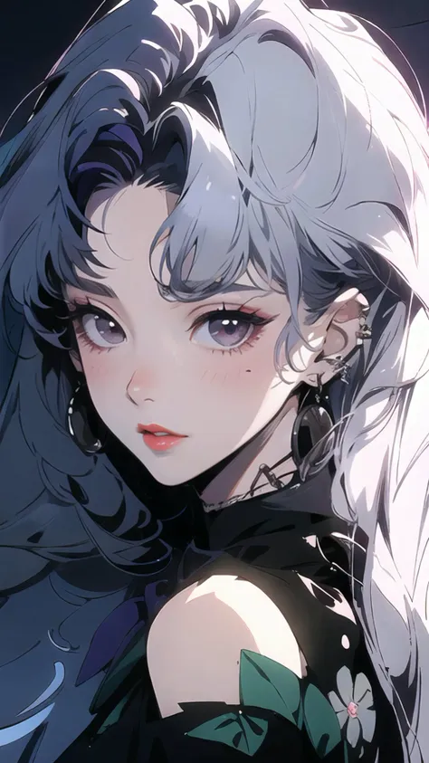 masterpiece, best quality,PIXIV, 90s,style of a 1990s anime, 1girl, solo, long hair,(white hair:1.2),bangs,red lips,closed mouth,blush,jewelry,earrings,looking at viewer,upper body,close-up view,simple background,<lora:s_20230805204449:1>,<lora:æ³å
:0.3>,