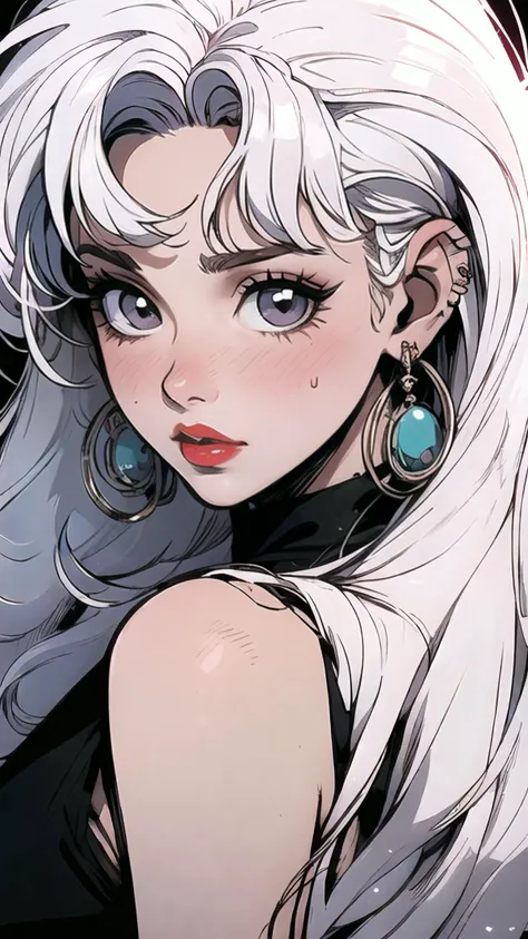 masterpiece,best quality,PIXIV,90s,style of a 1990s anime,1girl,solo,long hair,(white hair:1.5),bangs,red lips,closed mouth,blush,jewelry,earrings,looking at viewer,upper body,close-up view,simple background,<lora:s_20230805204449:1>,