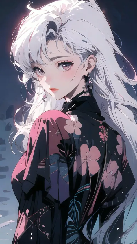 masterpiece, best quality,PIXIV, 90s,style of a 1990s anime, 1girl, solo, long hair,(white hair:1.2),bangs,red lips,closed mouth,blush,jewelry,earrings,looking at viewer,upper body,close-up view,simple background,<lora:s_20230805204449:1>,<lora:æ³å
:0.3>,