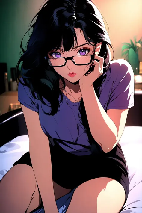 best quality,ultra-detailed,super detailed skin,cinematic lighting,sumifuji,medium hair,braid,blunt bangs,glasses,purple shirt,short sleeves,black skirt,bed,sitting,indoors,looking at viewer,<lora:s_20230805204449:1>,