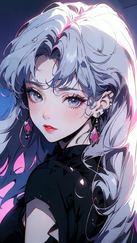 anime artwork 90s,style of a 1990s anime,masterpiece,best quality,1girl,solo,long hair,(white hair:1.2),bangs,red lips,closed mouth,blush,jewelry,earrings,looking at viewer,upper body,close-up view,simple background,<lora:s_20230805204449:1>,<lora:æ³å
:0.5>,, . anime style, key visual, vibrant, studio anime, highly detailed