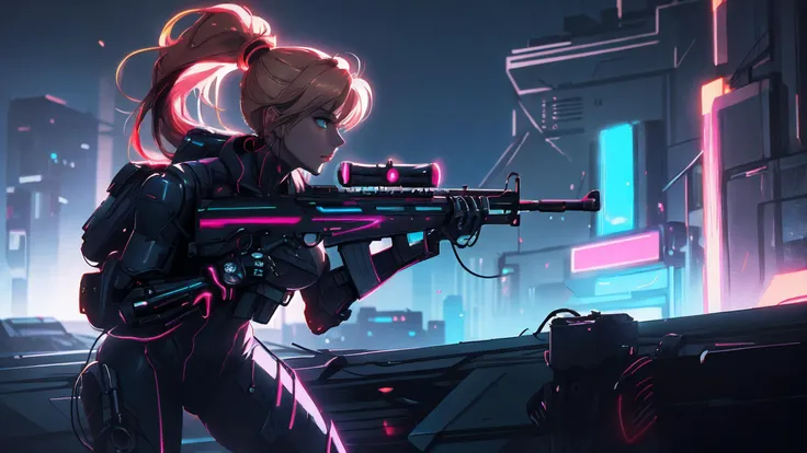 90s anime cinema movie style 16 by 9, photographic lighting with heavy shadows,
sexy samus aran as a futuristic cyberpunk (soldier:0.9), with a blonde ponytail, wearing a tight bodysuit with (armor:1.1), (on a (rooftop)), (aiming with a black sniper rifle:1.1)
detailed face, bright eyes, focused expression, (wind in hair:1.2)
background is a cybertech (city at night:1.2), (neon lights:1.3)
sideview, cowboy shot, depth of field, face focus, blur, bloom, (camera lensflare effect:1.1),
<lora:samus-nvwls-v1-final:0.6> <lora:CyberPunkAI:0.7> <lora:EnvyElf01:0.3> <lora:s_20230805204449:0.6>