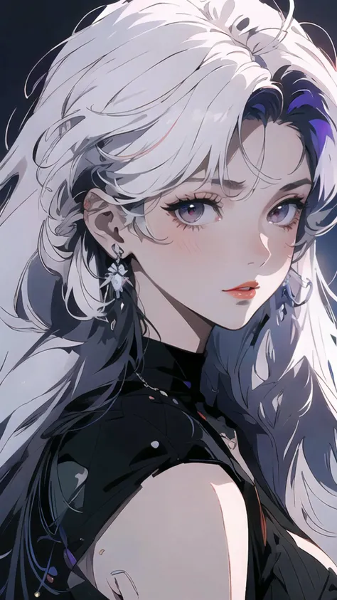 masterpiece,best quality,PIXIV,90s,style of a 1990s anime,1girl,solo,long hair,(white hair:1.5),bangs,red lips,closed mouth,blush,jewelry,earrings,looking at viewer,upper body,close-up view,simple background,<lora:s_20230805204449:1>,