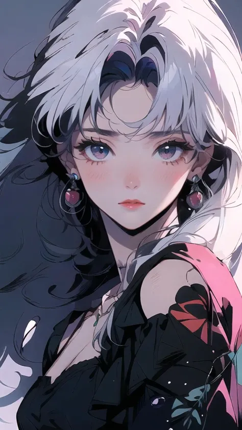 masterpiece,best quality,PIXIV,90s,style of a 1990s anime,1girl,solo,long hair,(white hair:1.2),bangs,red lips,closed mouth,blush,jewelry,earrings,looking at viewer,upper body,close-up view,simple background,<lora:s_20230805204449:1>,